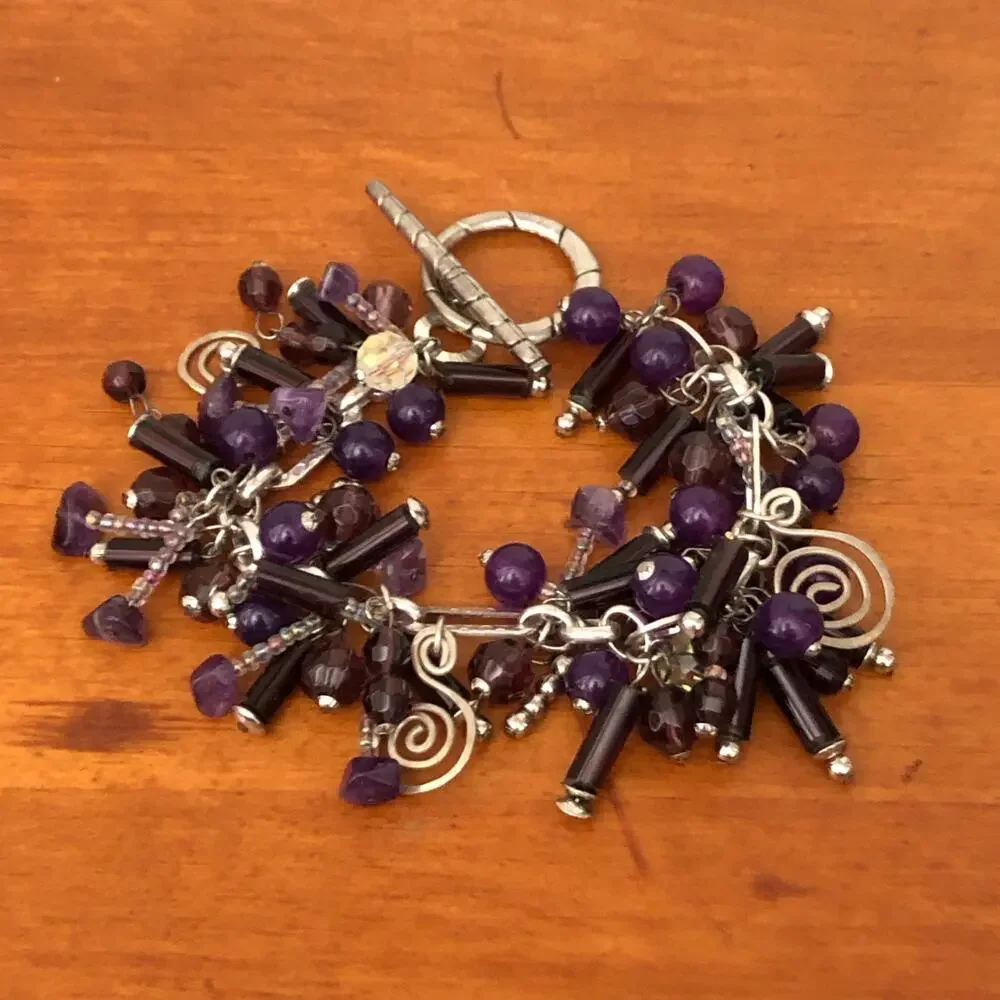 Purple Glass Bead Charm Bracelet Silver Tone Dangle Statement Jewelry - Picture 8 of 8